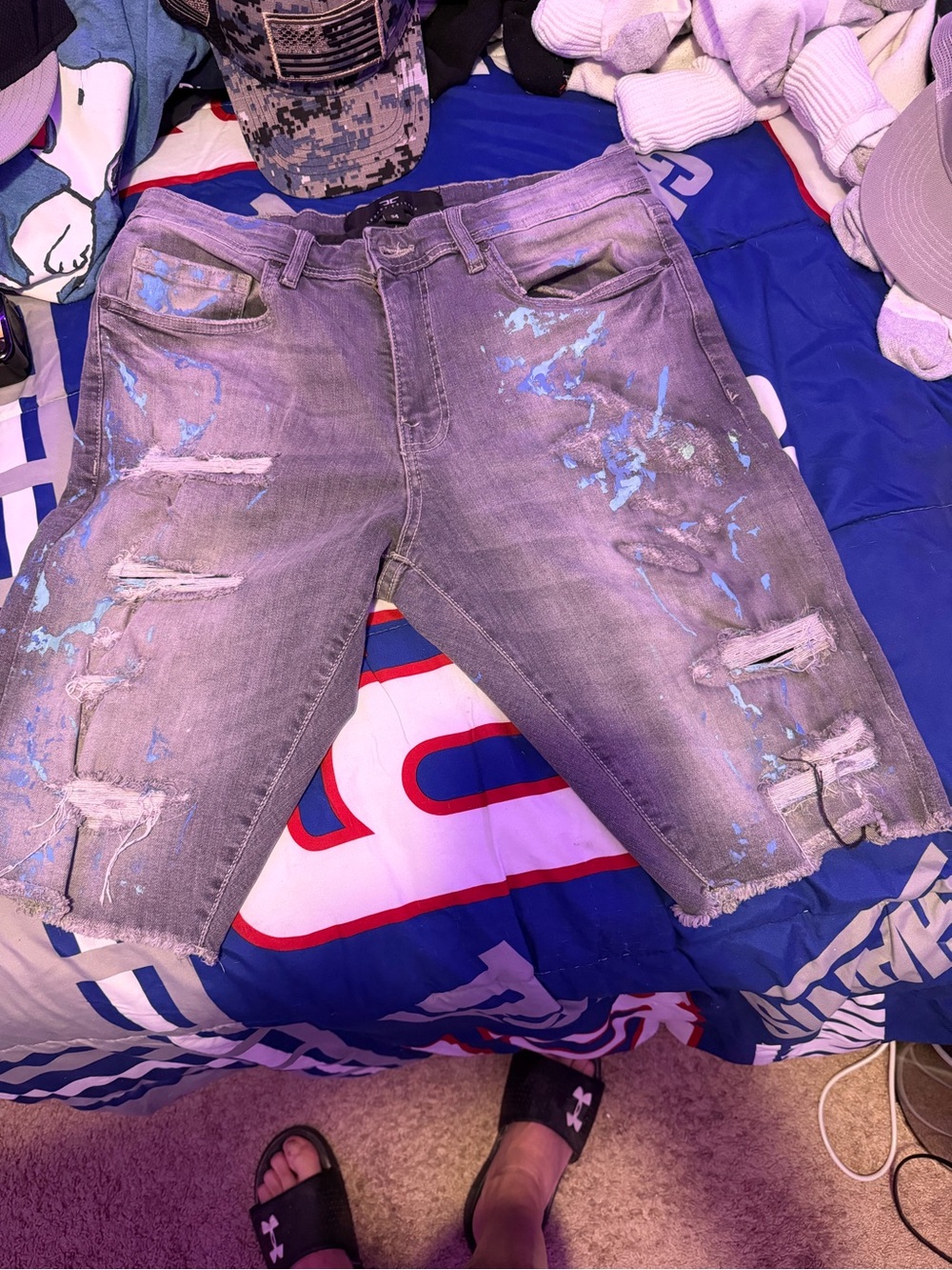 Jordan Craig Distressed Gray Denim Shorts with Blue Paint Splatter